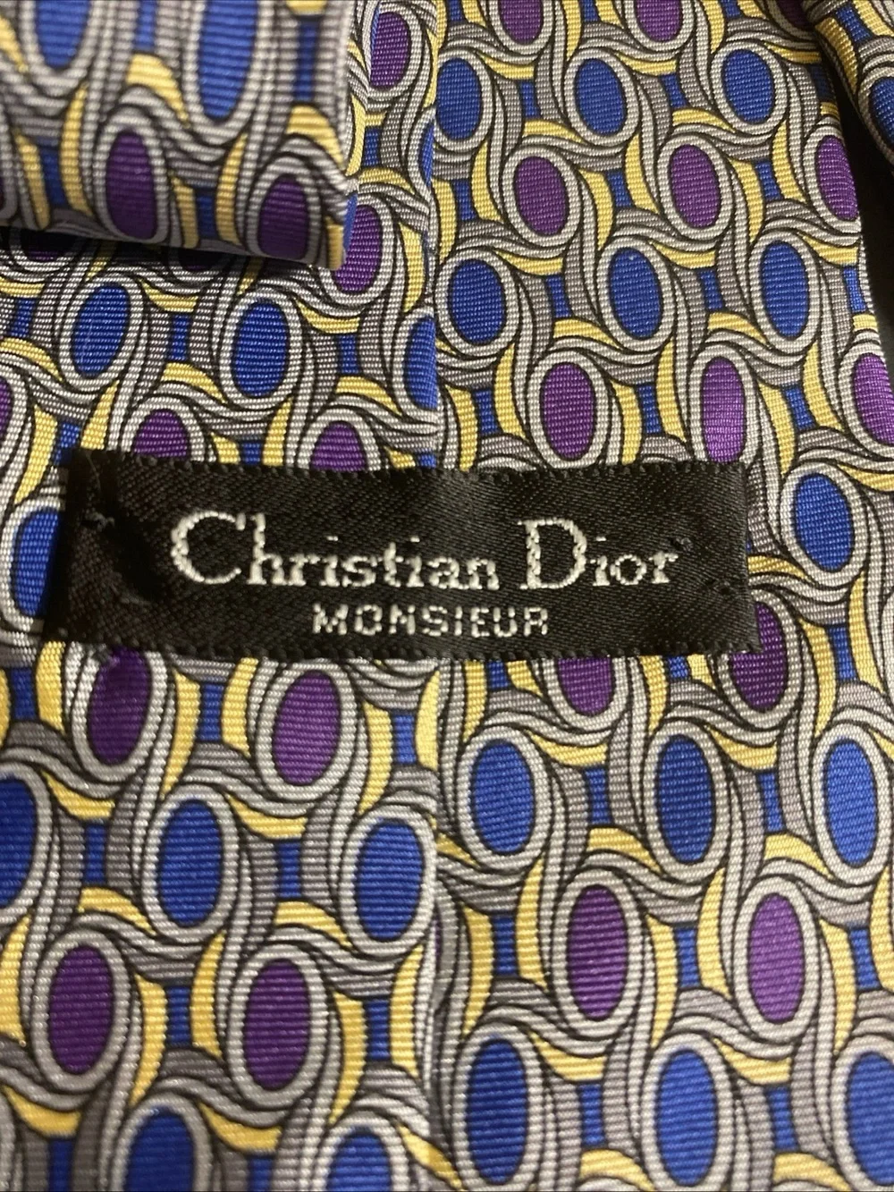 Vintage Christian Dior Monsieur Silk Tie - Blue Purple Gold Geometric Pattern